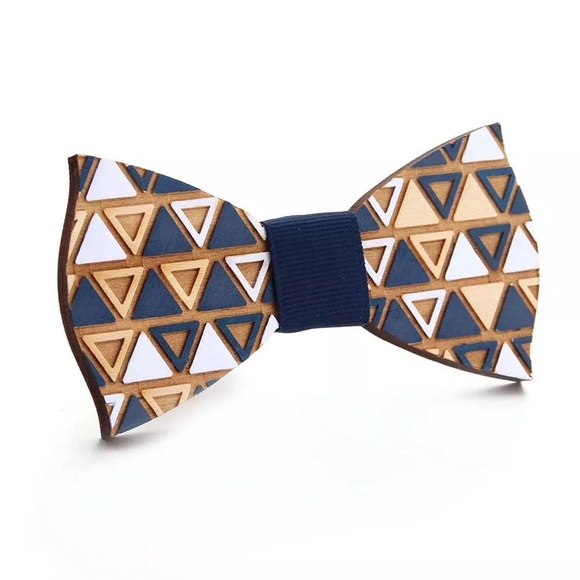 Other - Hand Crafted Blue and White Geometric Wood Butterfly Bow Tie